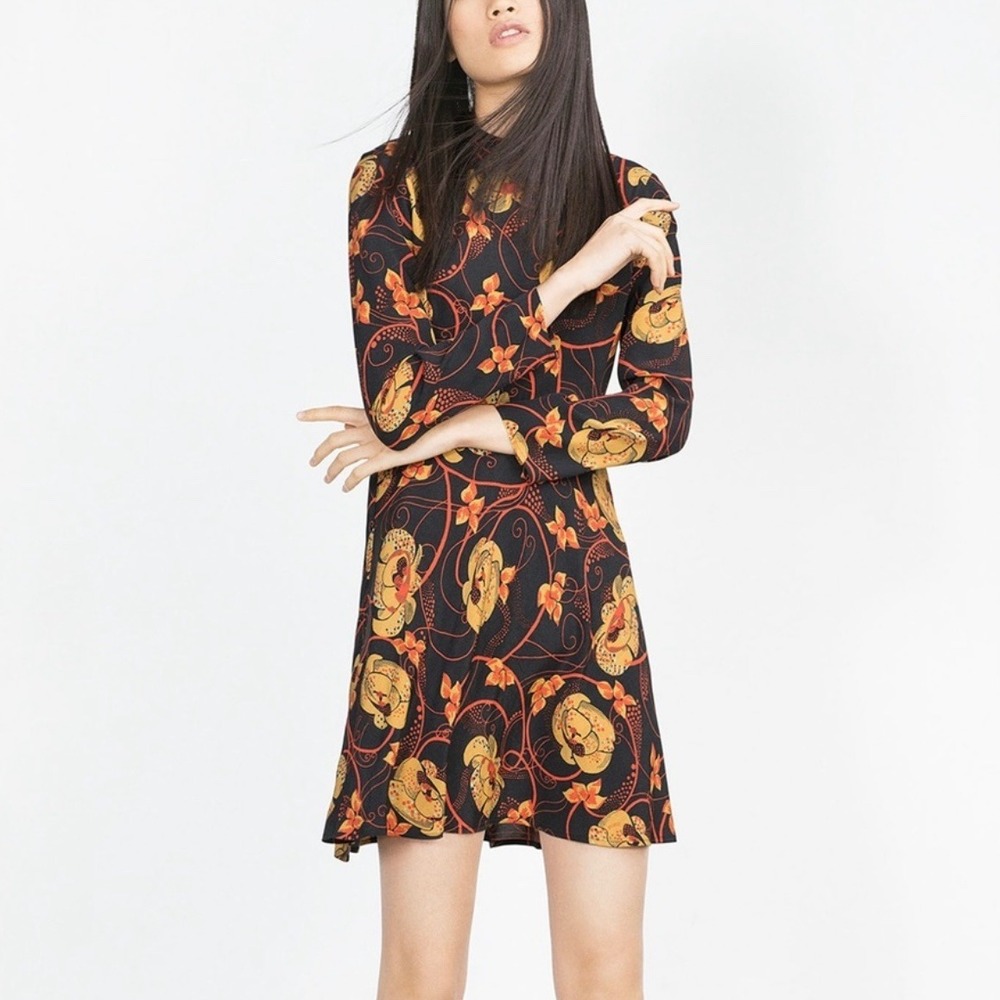 Zara Woman Black Floral Mock Neck Flounce Dress‎ Size Large